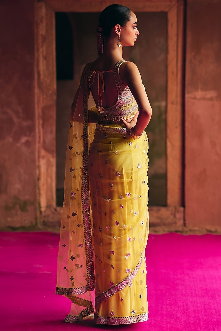Yellow Net Mirror Embroidered Wedding Saree Set by Angad Singh at Pernia's Pop Up Shop