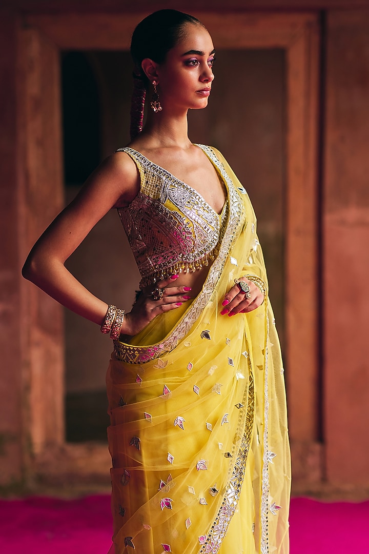 Yellow Net Mirror Embroidered Wedding Saree Set by Angad Singh at Pernia's Pop Up Shop