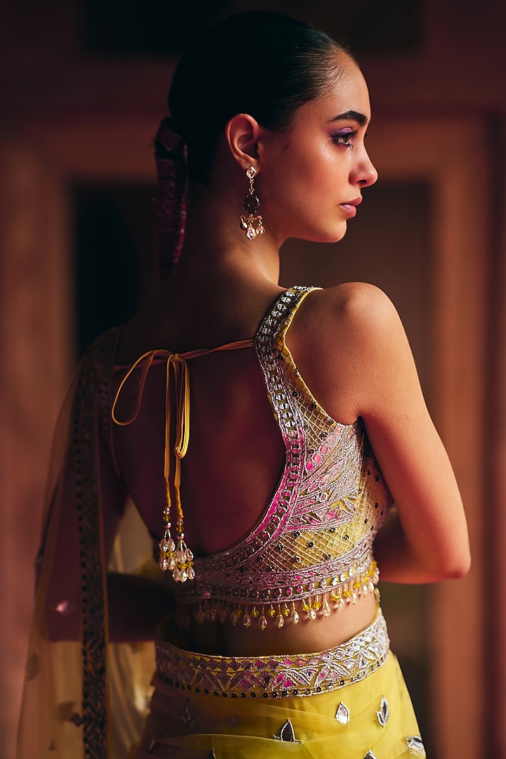 Yellow Net Mirror Embroidered Wedding Saree Set by Angad Singh at Pernia's Pop Up Shop