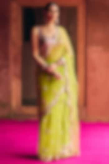 Lime Green Net Mirror Embroidered Wedding Saree Set by Angad Singh at Pernia's Pop Up Shop