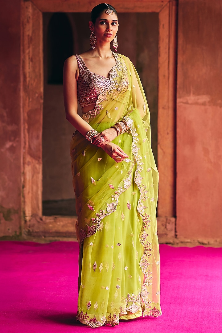 Lime Green Net Mirror Embroidered Wedding Saree Set by Angad Singh at Pernia's Pop Up Shop