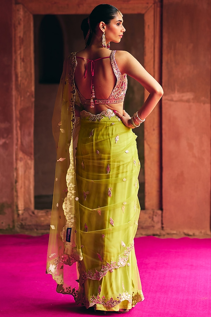 Lime Green Net Mirror Embroidered Wedding Saree Set by Angad Singh at Pernia's Pop Up Shop