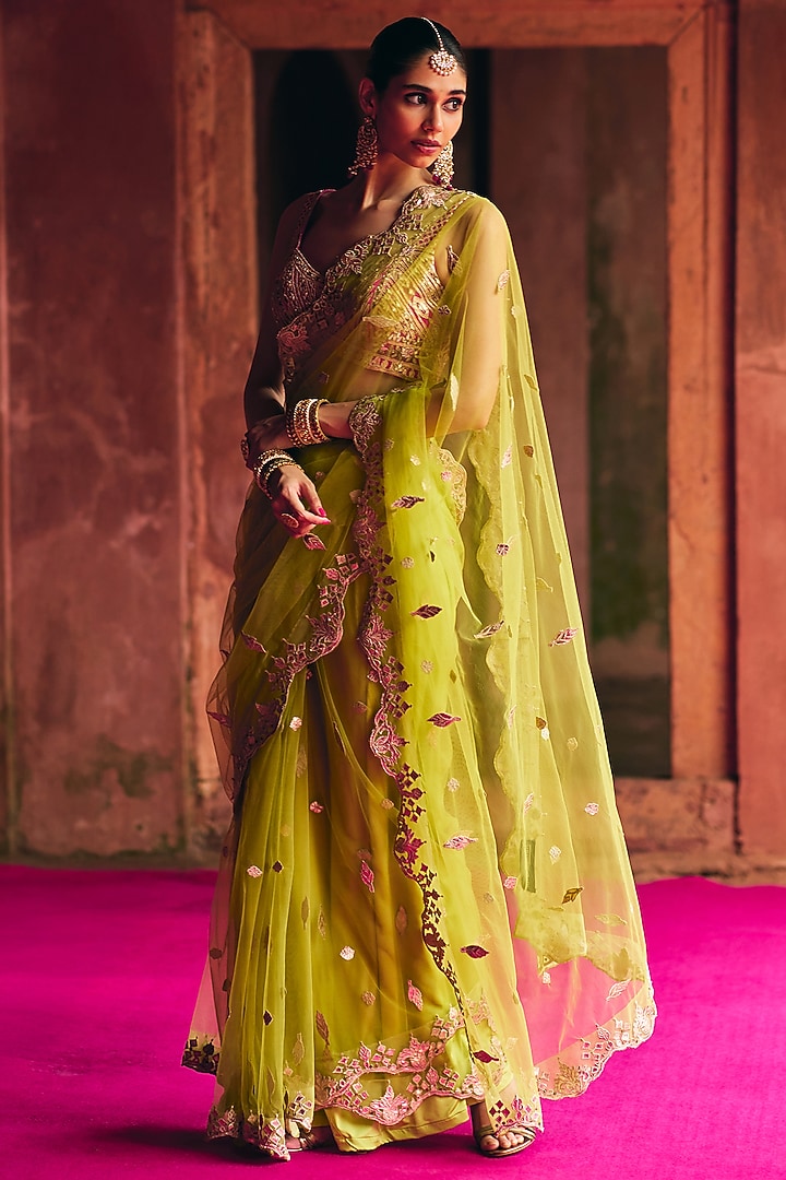 Lime Green Net Mirror Embroidered Wedding Saree Set by Angad Singh at Pernia's Pop Up Shop