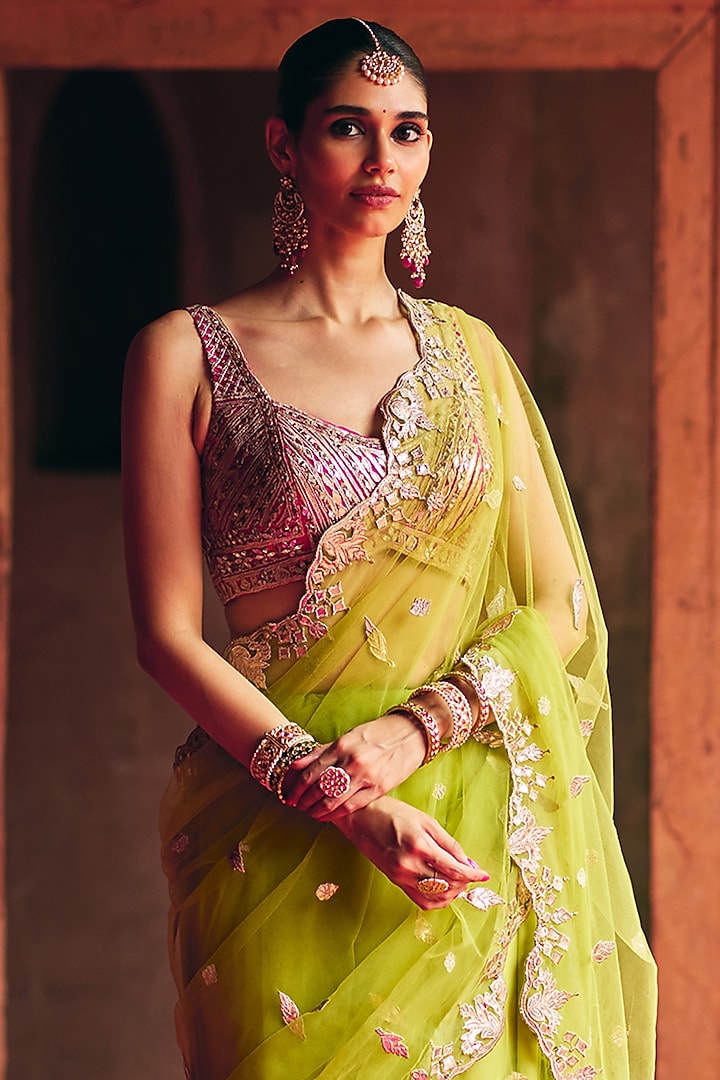 Lime Green Net Mirror Embroidered Wedding Saree Set by Angad Singh at Pernia's Pop Up Shop