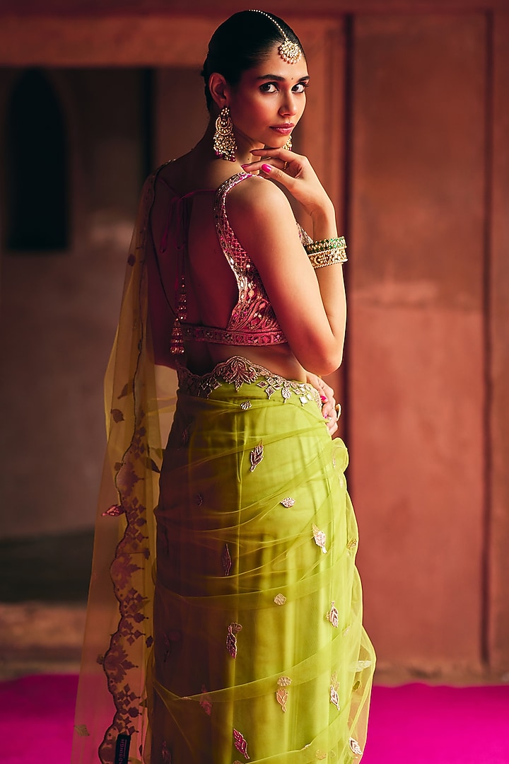 Lime Green Net Mirror Embroidered Wedding Saree Set by Angad Singh at Pernia's Pop Up Shop