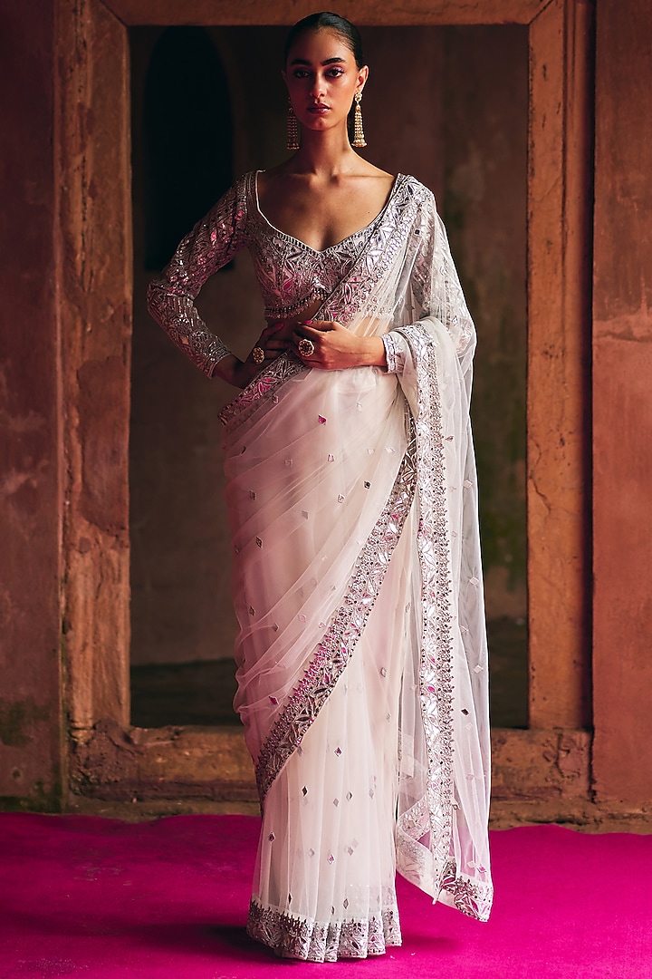 White Net Wedding Saree Set by Angad Singh at Pernia's Pop Up Shop