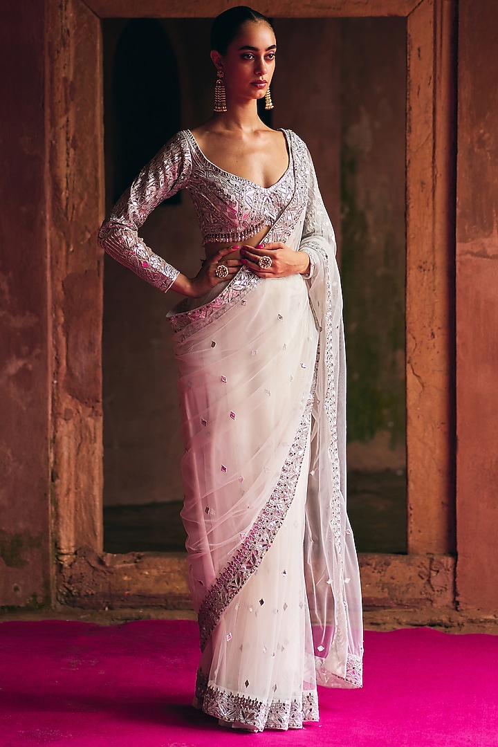 White Net Wedding Saree Set by Angad Singh at Pernia's Pop Up Shop