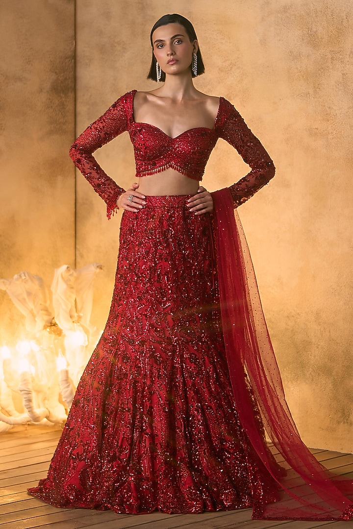 Deep Red Net Sequin Embroidered Bridal Bridal Lehenga Set by Angad Singh at Pernia's Pop Up Shop