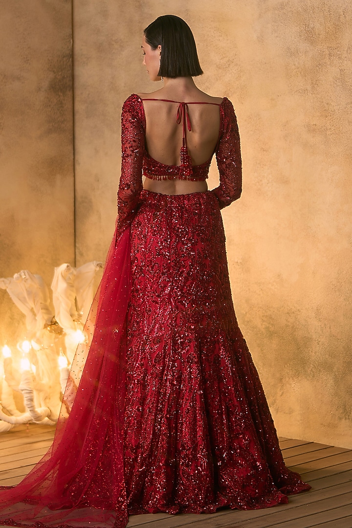 Deep Red Net Sequin Embroidered Bridal Bridal Lehenga Set by Angad Singh at Pernia's Pop Up Shop