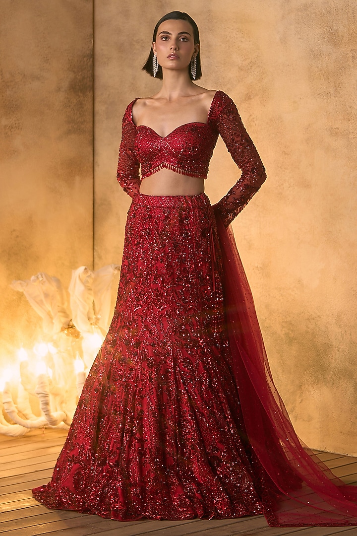 Deep Red Net Sequin Embroidered Bridal Bridal Lehenga Set by Angad Singh at Pernia's Pop Up Shop