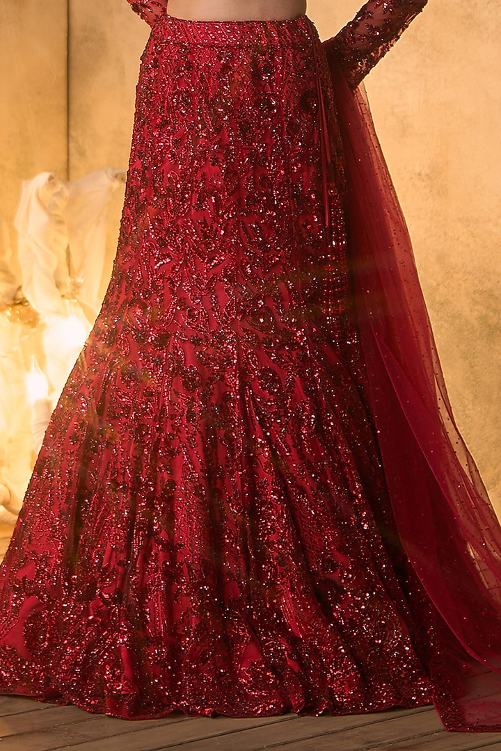 Deep Red Net Sequin Embroidered Bridal Bridal Lehenga Set by Angad Singh at Pernia's Pop Up Shop