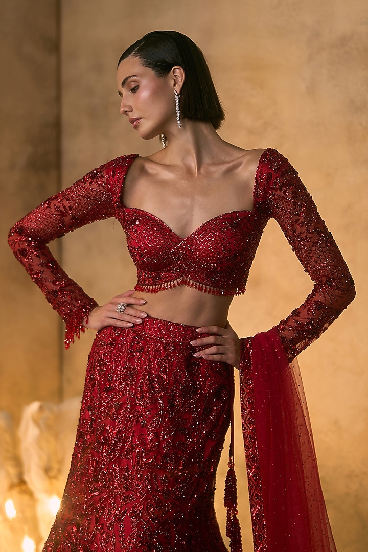 Deep Red Net Sequin Embroidered Bridal Bridal Lehenga Set by Angad Singh at Pernia's Pop Up Shop
