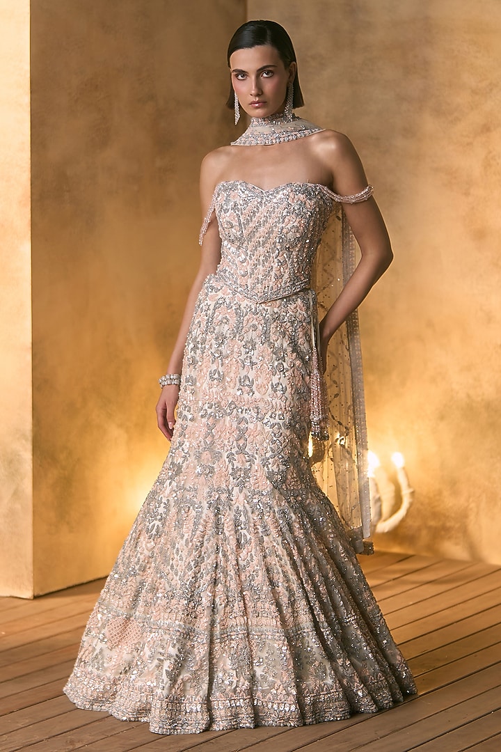 Ivory Net Glass Bead Embroidered Bridal Bridal Lehenga Set by Angad Singh at Pernia's Pop Up Shop