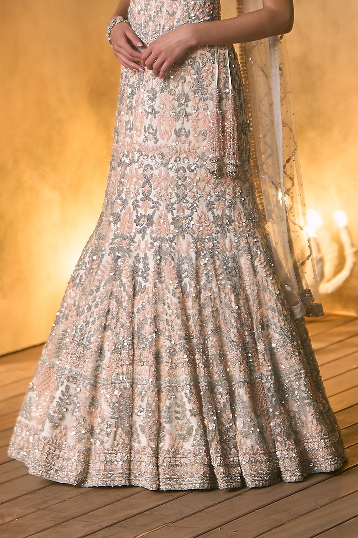 Ivory Net Glass Bead Embroidered Bridal Bridal Lehenga Set by Angad Singh at Pernia's Pop Up Shop