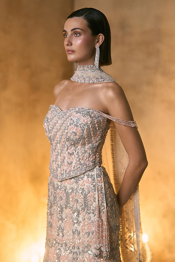 Ivory Net Glass Bead Embroidered Bridal Bridal Lehenga Set by Angad Singh at Pernia's Pop Up Shop