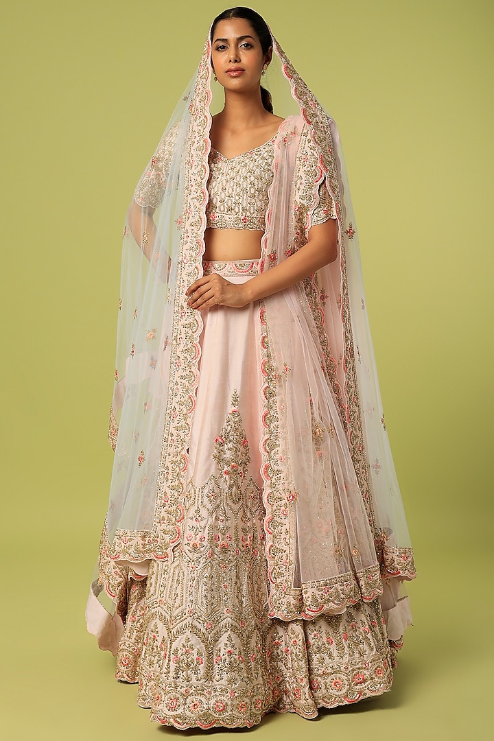 Blush Pink Raw Silk Hand Embroidered Lehenga Set by Angad Singh