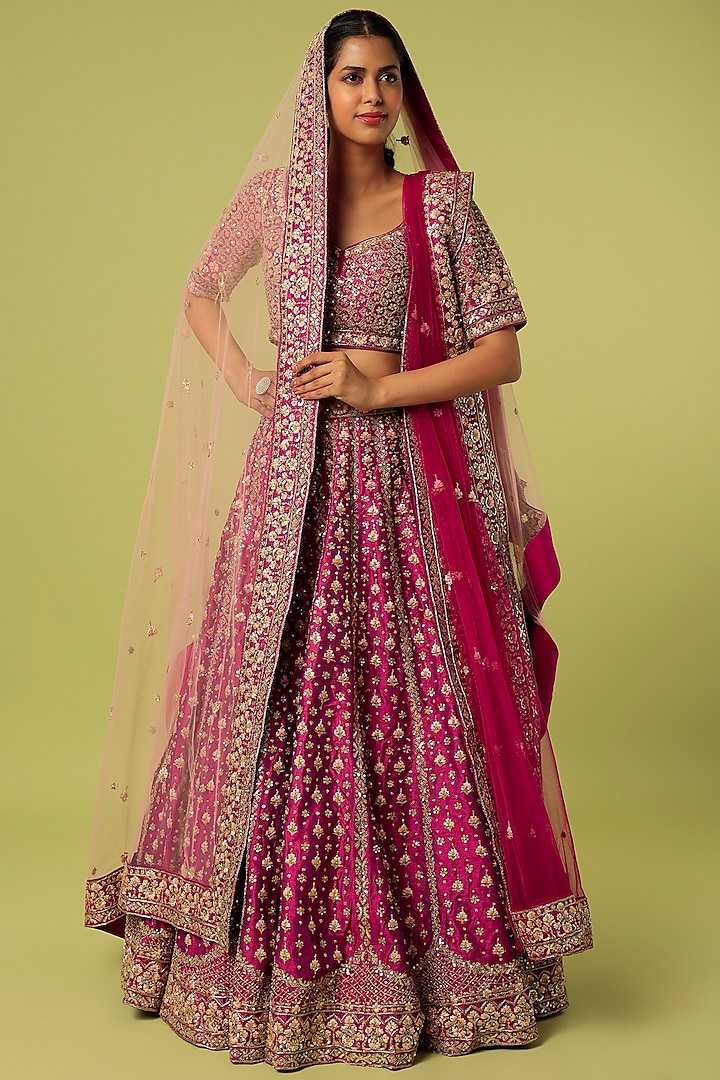 Magenta Raw Silk Hand Embroidered Wedding Lehenga Set by Angad Singh at Pernia's Pop Up Shop