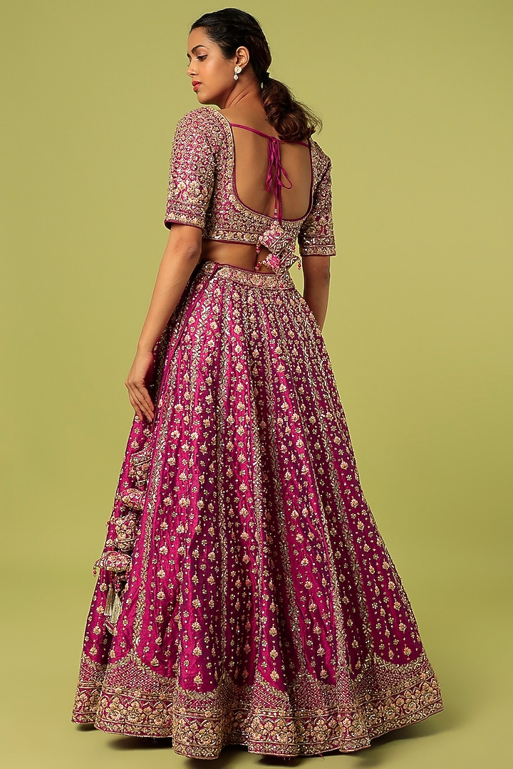 Magenta Raw Silk Hand Embroidered Wedding Lehenga Set by Angad Singh at Pernia's Pop Up Shop