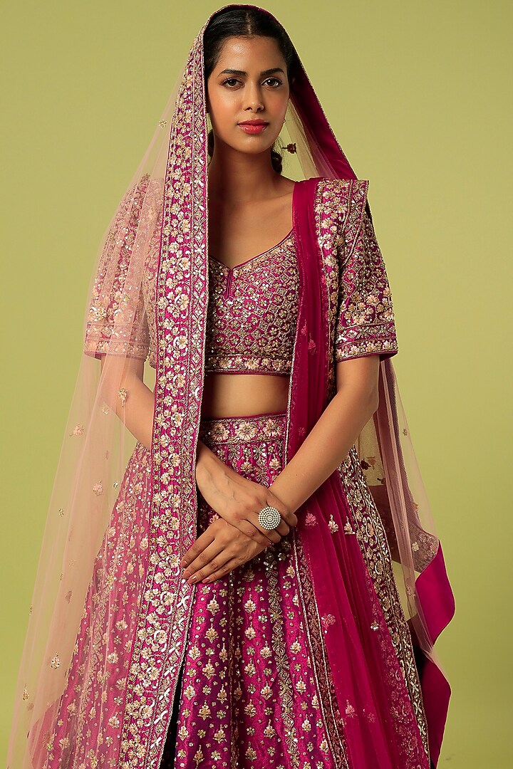 Magenta Raw Silk Hand Embroidered Wedding Lehenga Set by Angad Singh at Pernia's Pop Up Shop