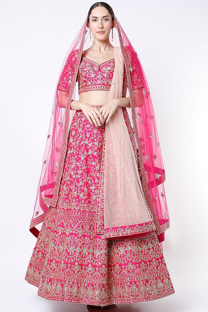 Rani Pink Raw Silk Zardosi Embroidered Lehenga Set Design By Angad Singh At Pernias Pop Up Shop 