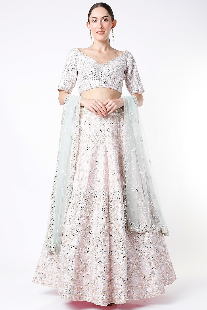 Pastel Pink Raw Silk Mirror Embroidered Wedding Lehenga Set by Angad Singh at Pernia's Pop Up Shop