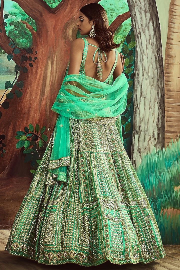 Sea Green Organza Hand Embroidered Bridal Lehenga Set by Angad Singh at Pernia's Pop Up Shop