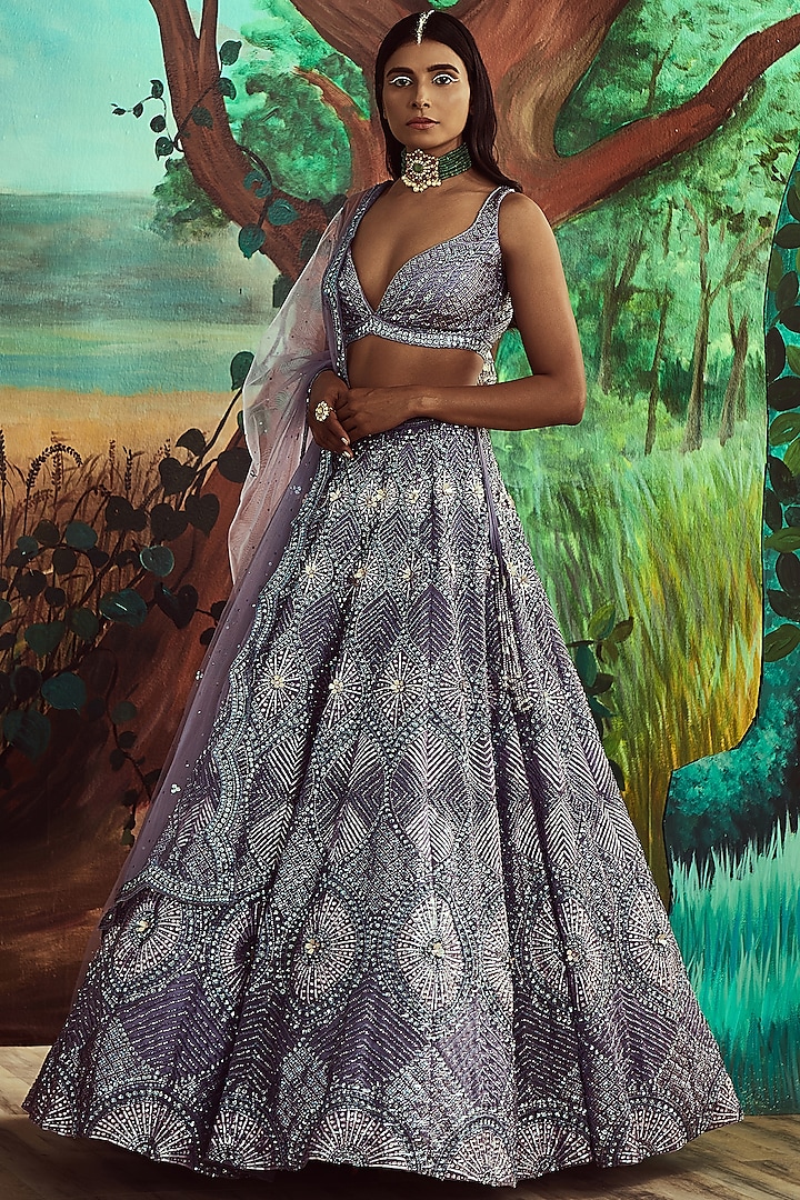 Periwinkle Organza Hand Embroidered Lehenga Set by Angad Singh