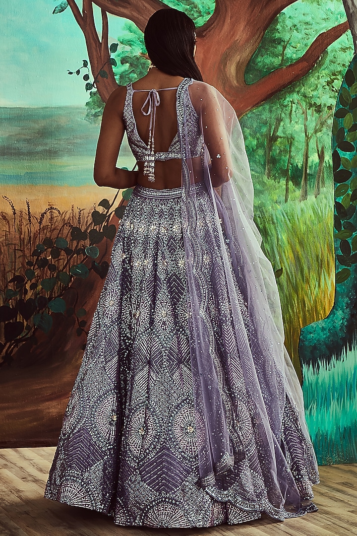 Periwinkle Organza Hand Embroidered Bridal Lehenga Set by Angad Singh at Pernia's Pop Up Shop