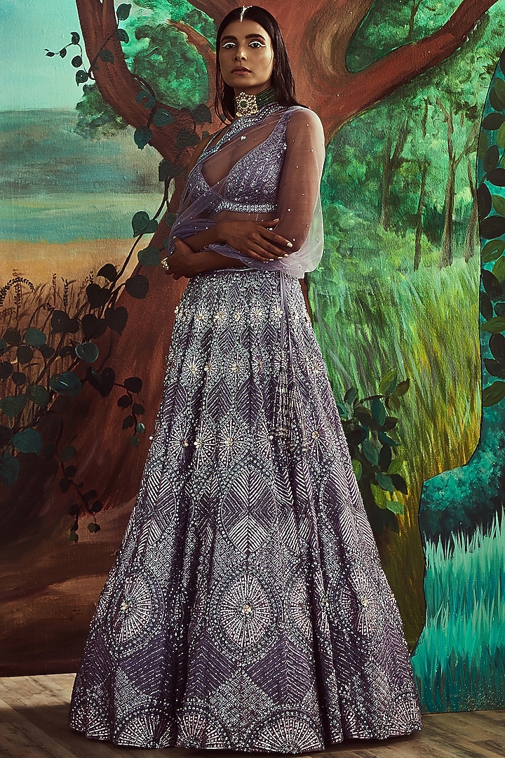 Periwinkle Organza Hand Embroidered Bridal Lehenga Set by Angad Singh at Pernia's Pop Up Shop