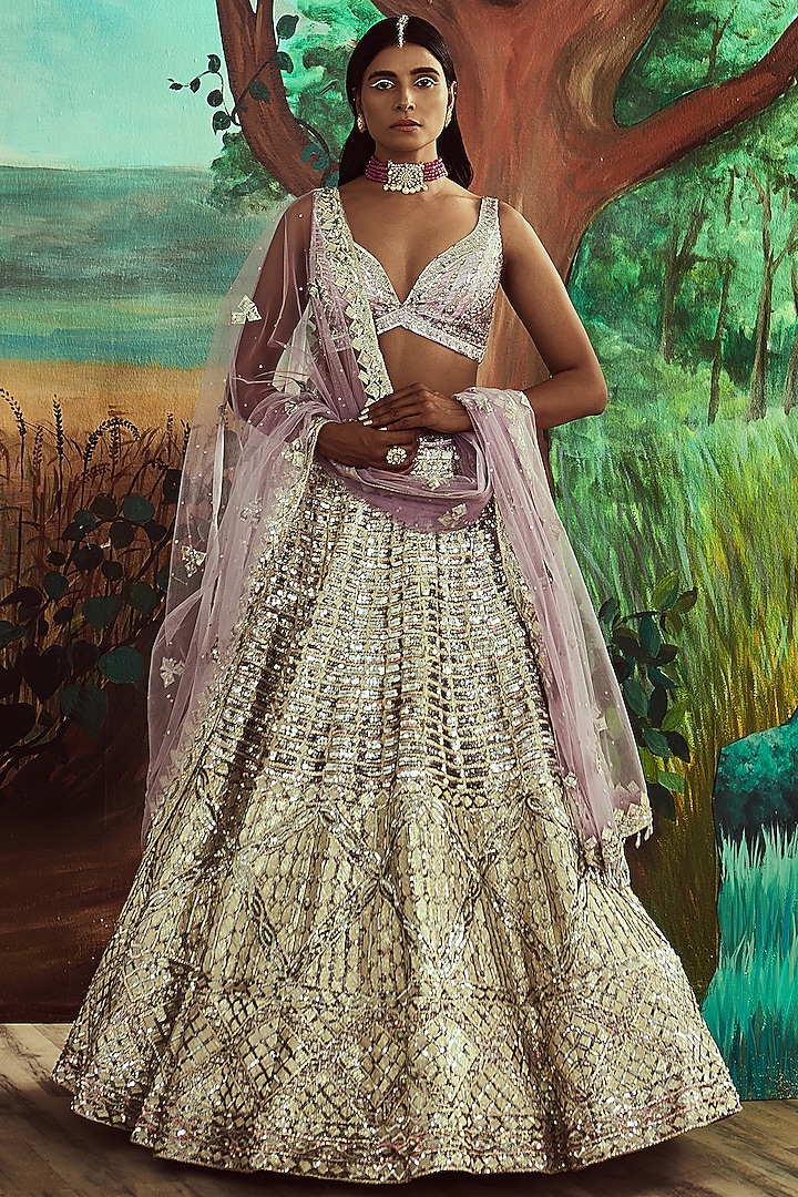 Lavender Net Embroidered Lehenga Set by Angad Singh