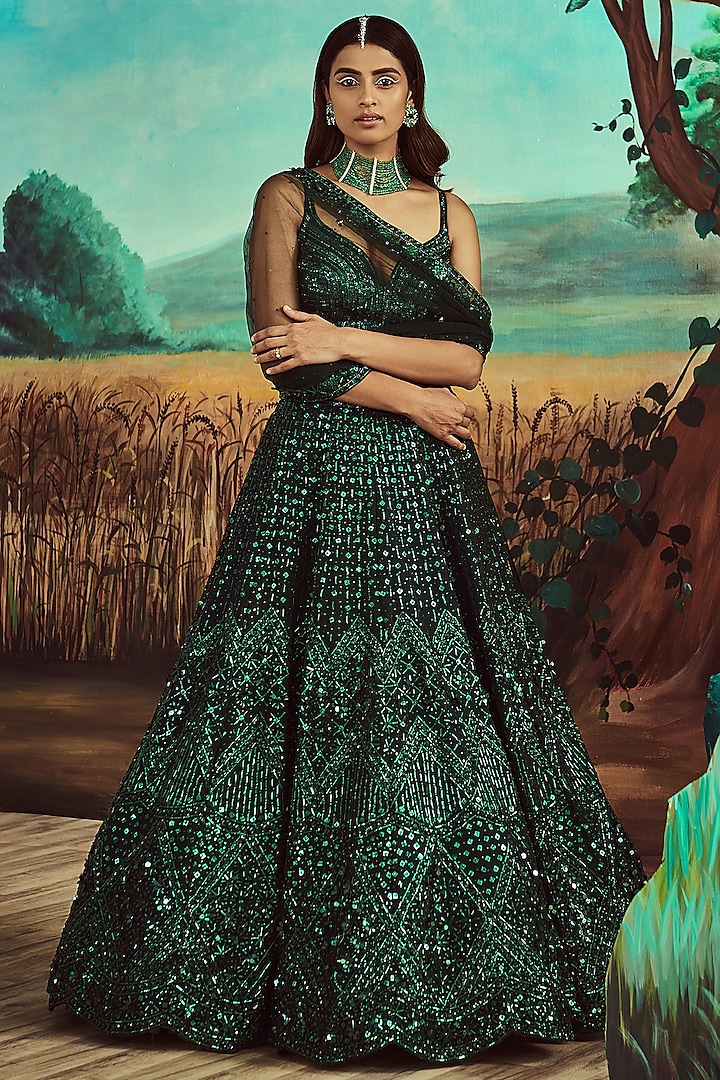 Emerald Green Organza Hand Embroidered Lehenga Set by Angad Singh