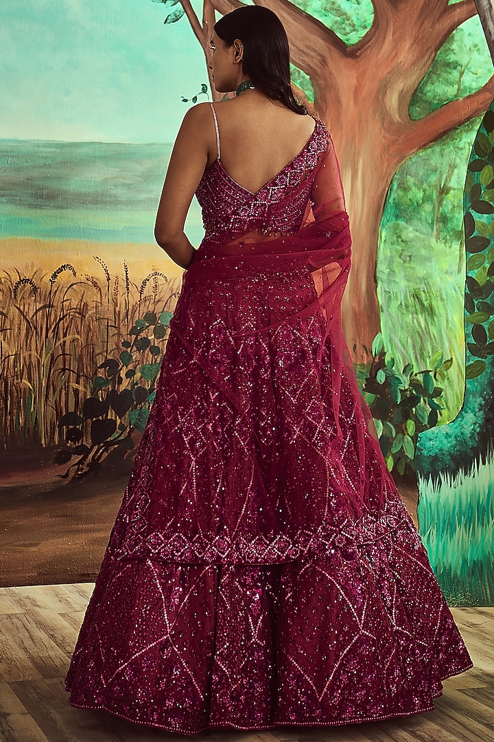 Wine Net Hand Embroidered Bridal Lehenga Set by Angad Singh at Pernia's Pop Up Shop