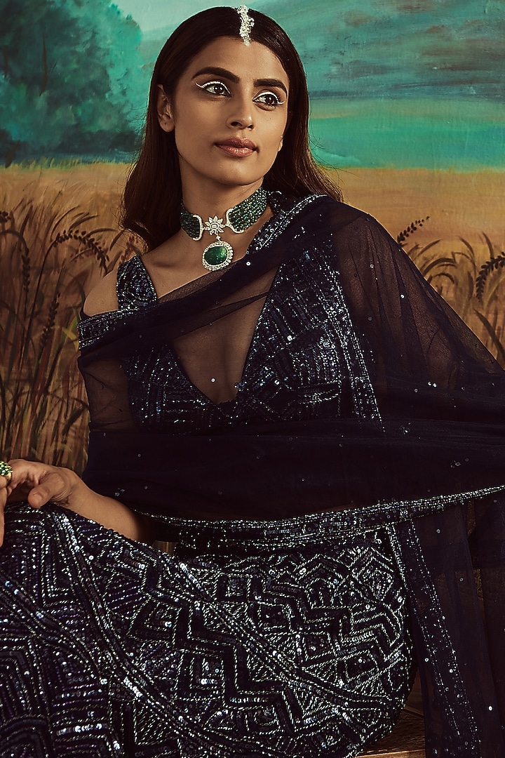 Midnight Blue Organza Hand Embroidered Bridal Lehenga Set by Angad Singh at Pernia's Pop Up Shop