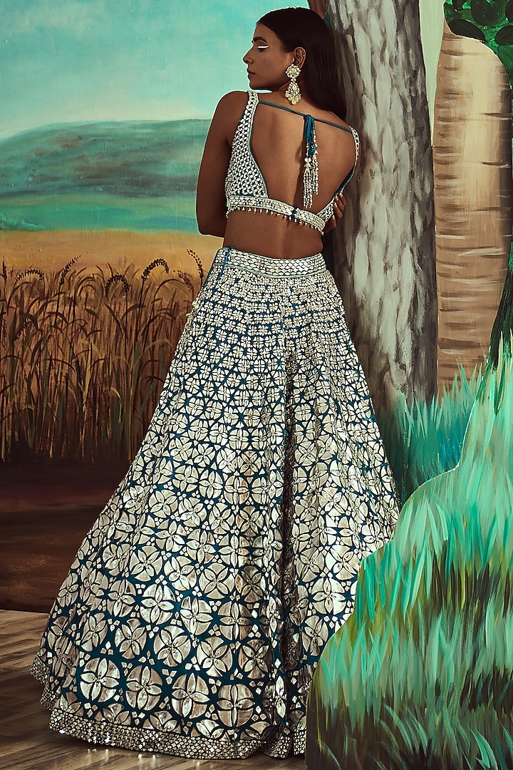 Teal Organza Embroidered Wedding Lehenga Set by Angad Singh at Pernia's Pop Up Shop