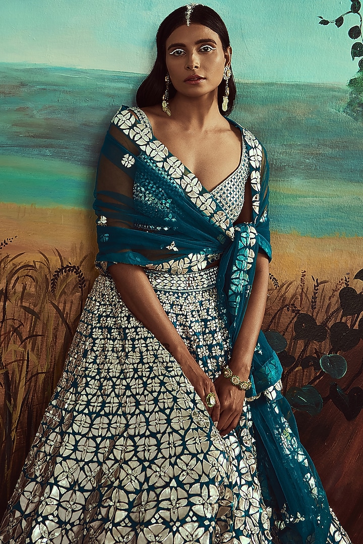 Teal Organza Embroidered Wedding Lehenga Set by Angad Singh at Pernia's Pop Up Shop