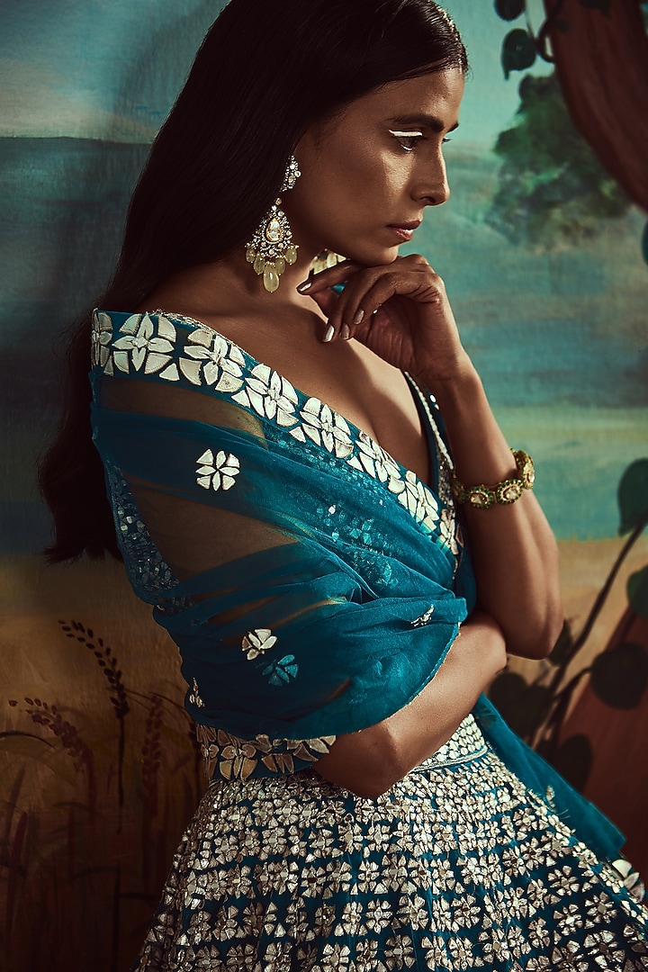 Teal Organza Embroidered Wedding Lehenga Set by Angad Singh at Pernia's Pop Up Shop