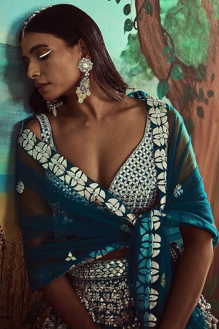 Teal Organza Embroidered Wedding Lehenga Set by Angad Singh at Pernia's Pop Up Shop