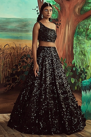 Black Georgette Embroidered Lehenga Set by Angad Singh