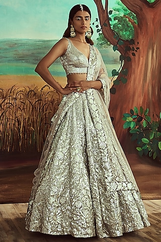 Metallic Silver Net Embroidered Lehenga Set by Angad Singh