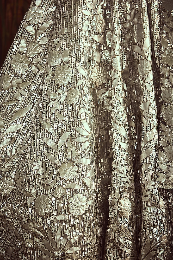 Metallic Silver Net Embroidered Bridal Lehenga Set by Angad Singh at Pernia's Pop Up Shop