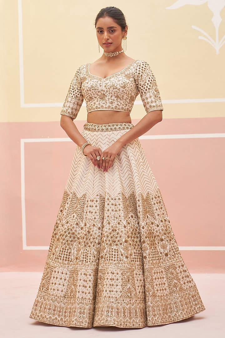 Ivory Raw Silk Zardosi Embroidered Bridal Lehenga Set by Angad Singh at Pernia's Pop Up Shop