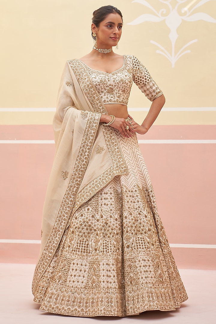 Ivory Raw Silk Zardosi Embroidered Bridal Lehenga Set by Angad Singh at Pernia's Pop Up Shop