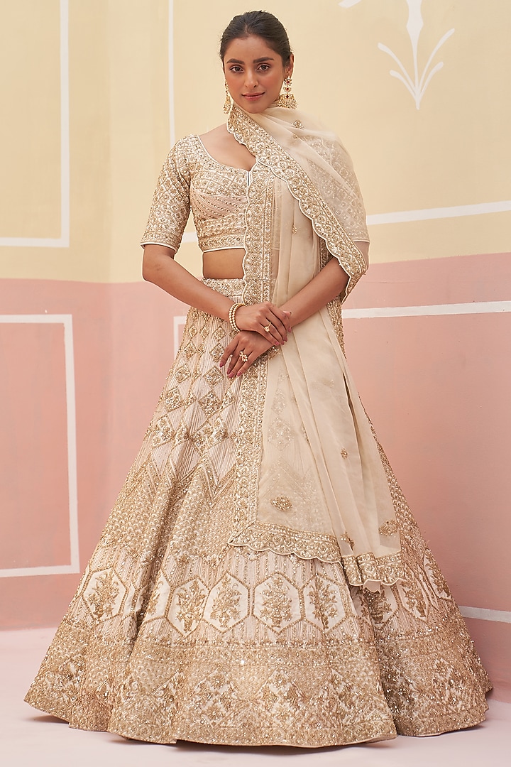 Ivory Raw Silk Zardosi Embroidered Bridal Lehenga Set by Angad Singh at Pernia's Pop Up Shop