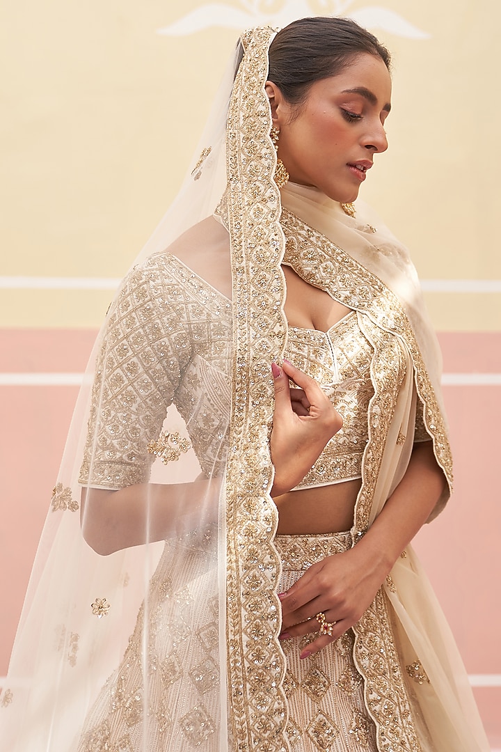 Ivory Raw Silk Zardosi Embroidered Bridal Lehenga Set by Angad Singh at Pernia's Pop Up Shop