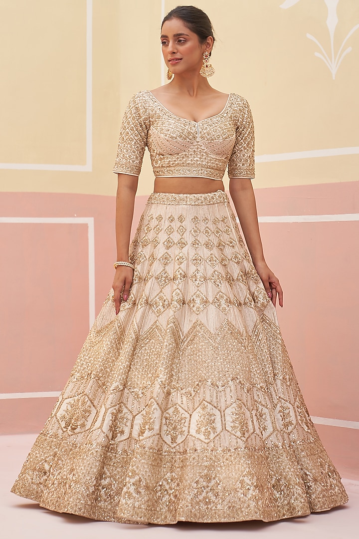 Ivory Raw Silk Zardosi Embroidered Bridal Lehenga Set by Angad Singh at Pernia's Pop Up Shop