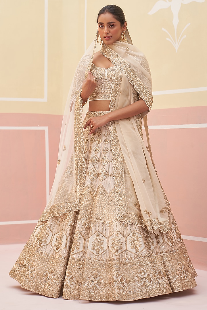 Ivory Raw Silk Zardosi Embroidered Bridal Lehenga Set by Angad Singh at Pernia's Pop Up Shop