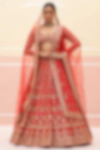 Red Raw Silk Zardosi Embroidered Lehenga Set by Angad Singh