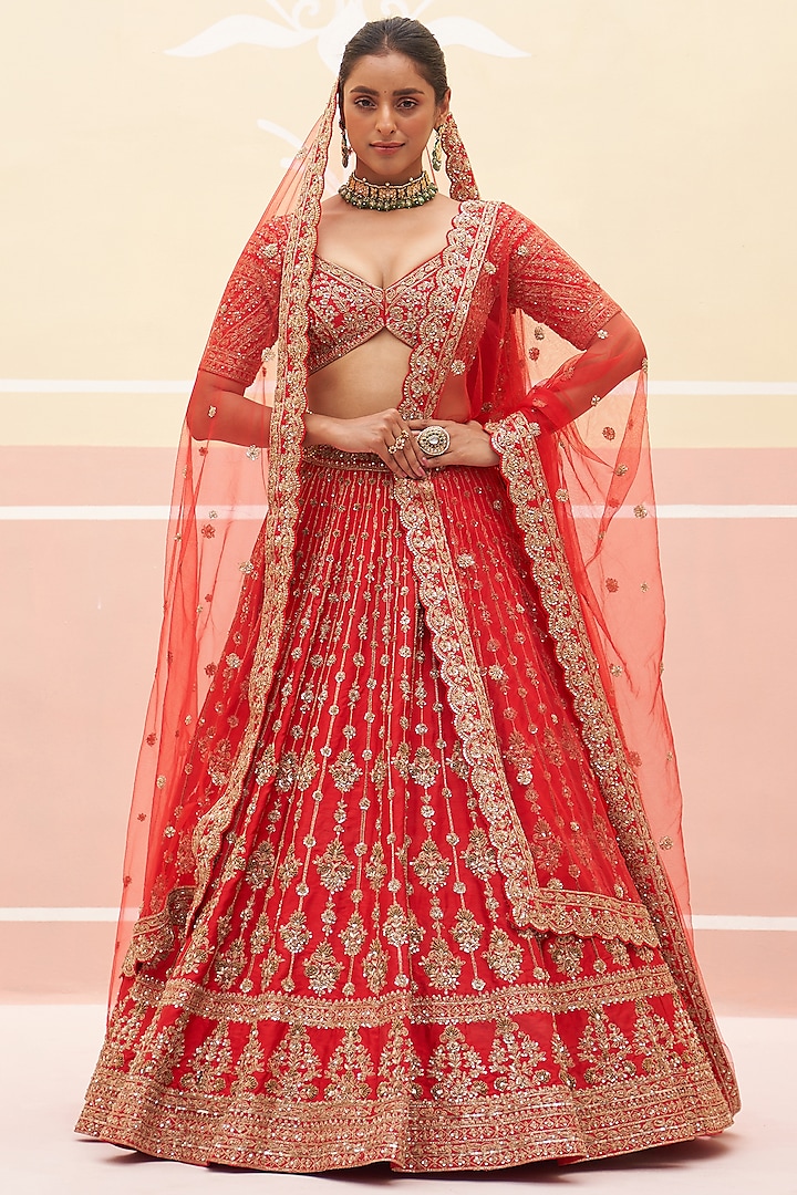 Red Raw Silk Zardosi Embroidered Lehenga Set by Angad Singh