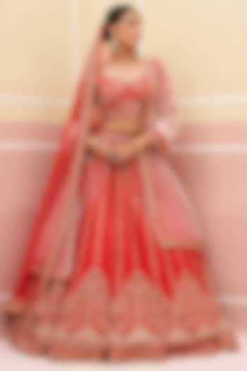 Red Raw Silk Zardosi Embroidered Lehenga Set by Angad Singh