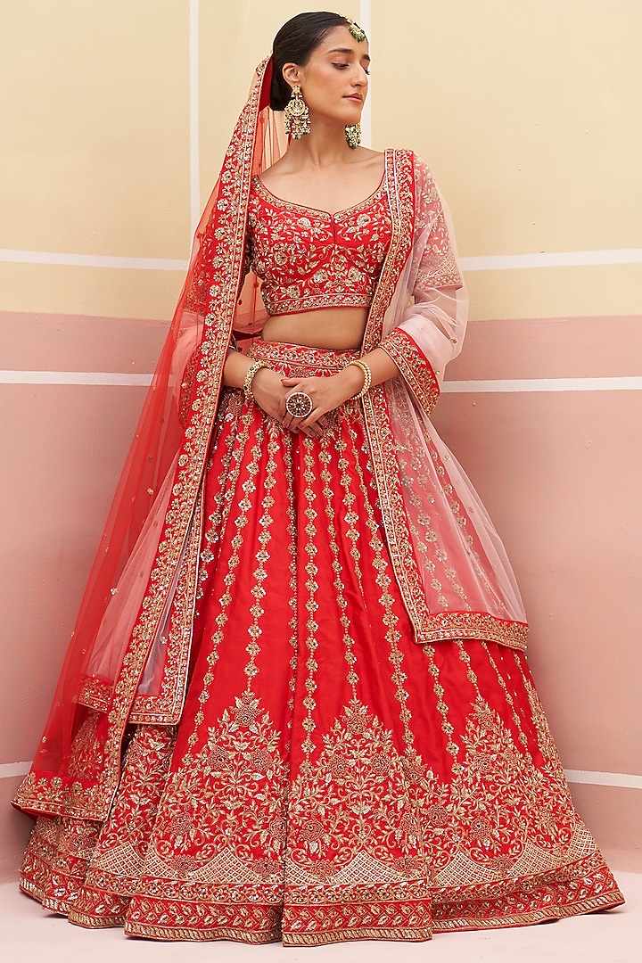 Red Raw Silk Zardosi Embroidered Lehenga Set by Angad Singh